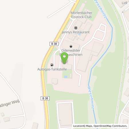Standortübersicht der Autogas (LPG) Tankstelle: Odenwälder Baumaschinen GmbH (Tankautomat) in 69509, Mörlenbach
