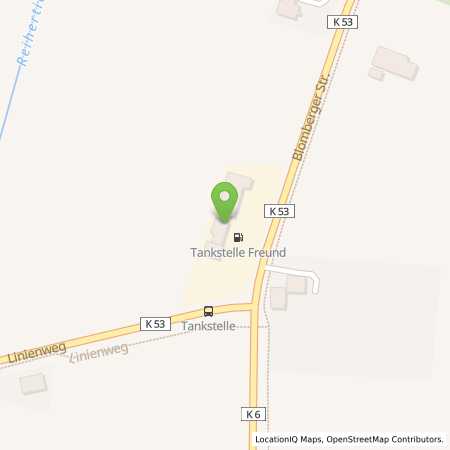 Standortübersicht der Benzin-Super-Diesel Tankstelle: Fahrzeugtechnik Freund Tankstelle Kiosk in 26487, Blomberg