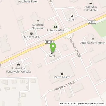 Standortübersicht der Tankstelle TotalEnergies Wolgast in 17438 Wolgast