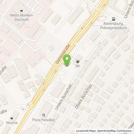 Standortübersicht der Tankstelle JET RAVENSBURG GARTENSTR. 90 in 88212 RAVENSBURG